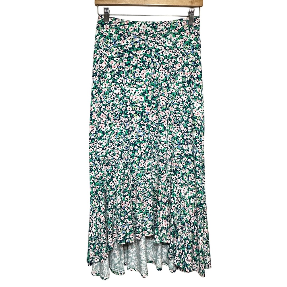 Talbots Floral Cottage Maxi Skirt Womens XS High Low Hem Stretch Peasant Pull On